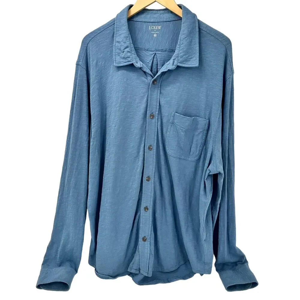J Crew Shirt Mens XXL Button Up Blue‎ Long Sleeve Collared Knit Coastal Cotton